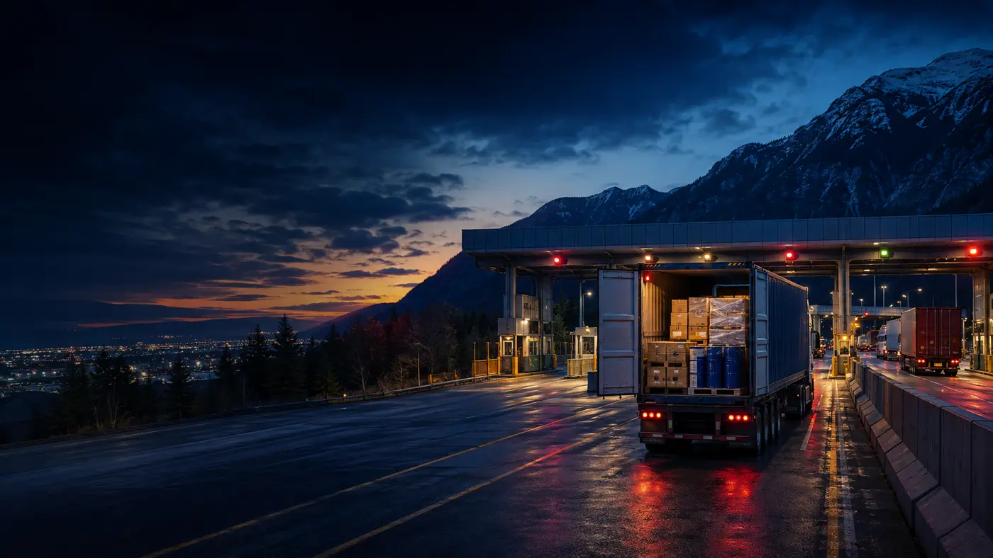 Commercial freight approaching a U.S.–Canada border customs plaza at dusk