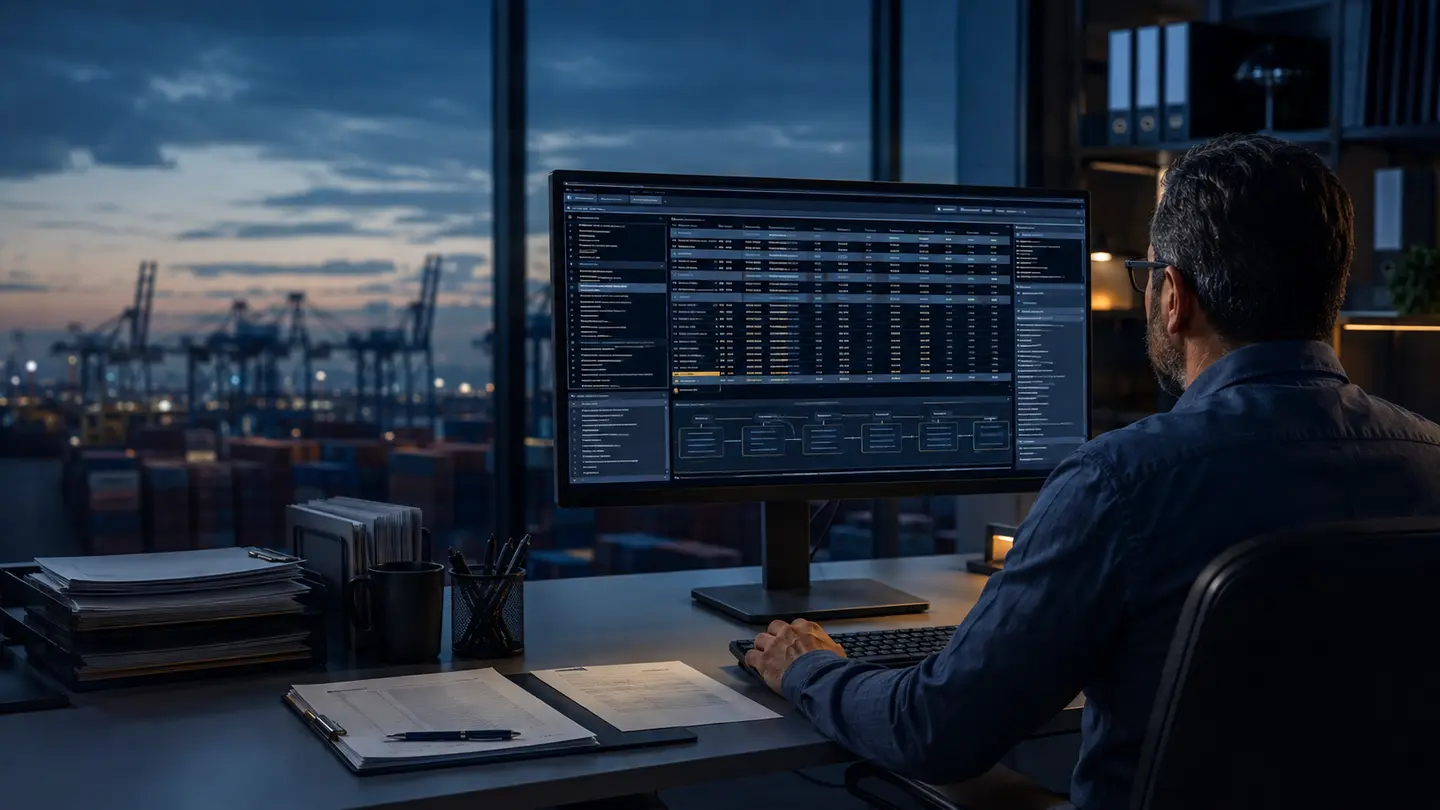 A customs compliance professional reviews layered tariff classifications on an entry-filing screen overlooking a container port