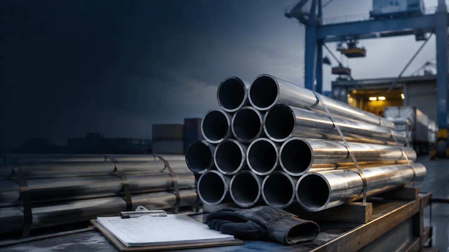 Bundles of welded stainless steel pipe at an international cargo inspection area