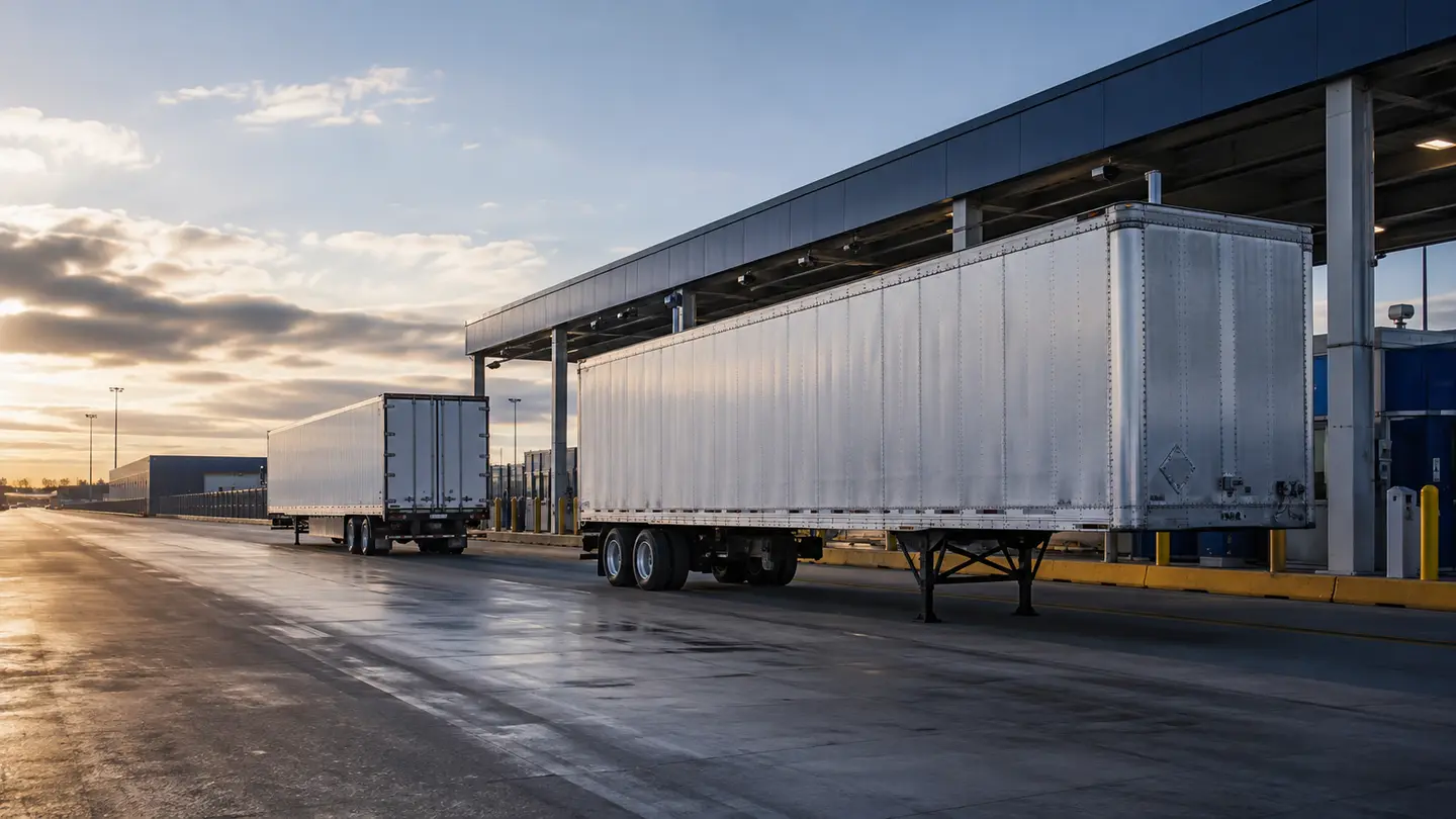 Enclosed cargo semi-trailers beside a freight inspection terminal in warm evening light