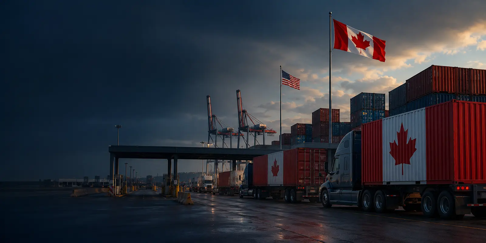Freight trucks and containers moving between Canada and the United States under stormy skies
