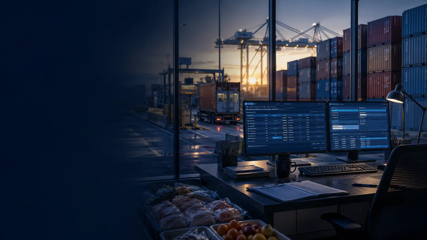 Customs entry workstation overlooking a container terminal and food inspection lane at dawn