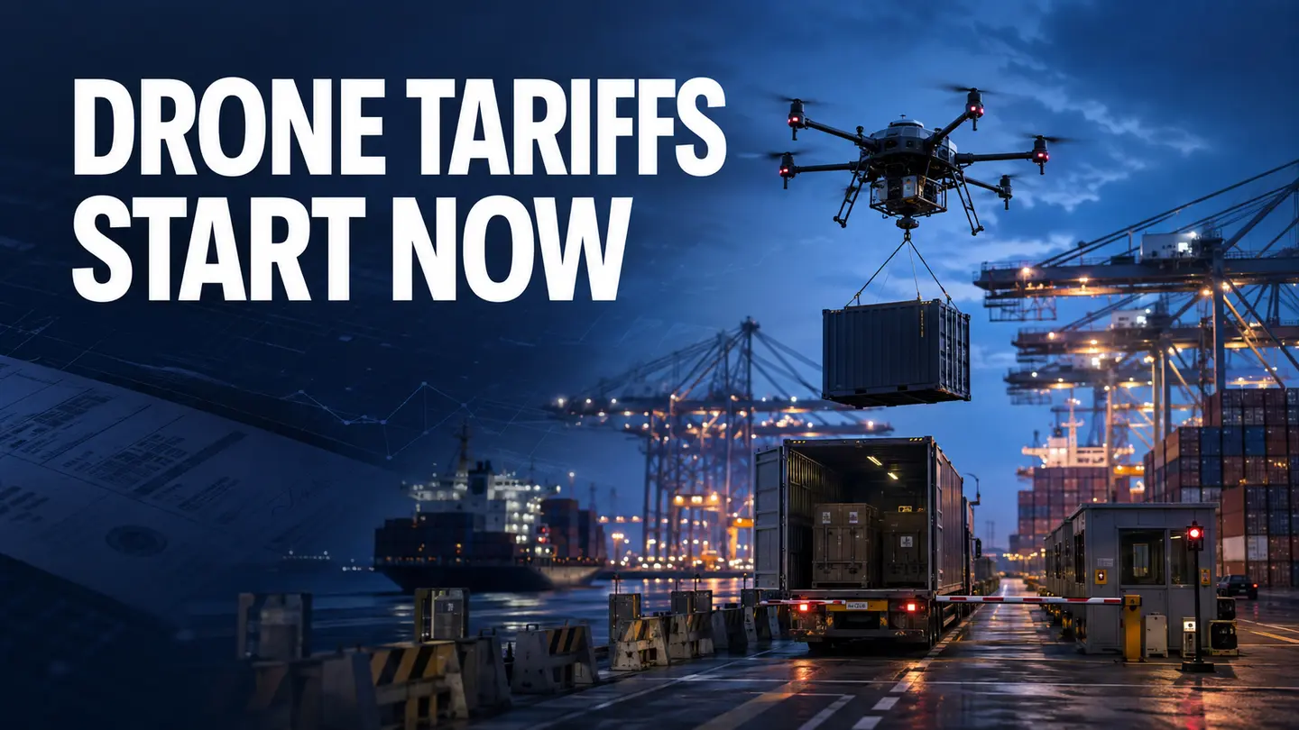 Industrial cargo drone above containers and a customs inspection lane at a U.S. port