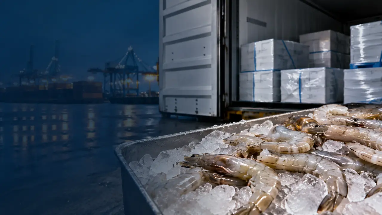Frozen shrimp on ice beside refrigerated freight containers at a seaport