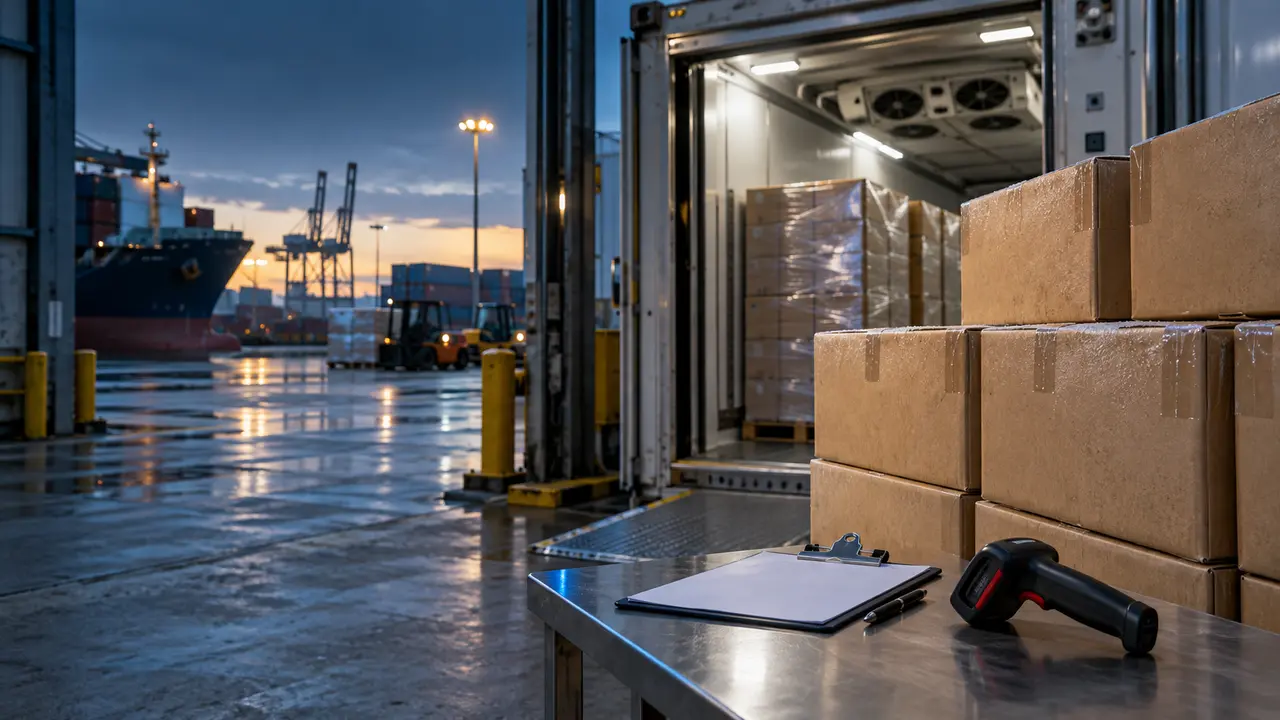 Plain cartons and inspection equipment beside a refrigerated container at a cargo terminal