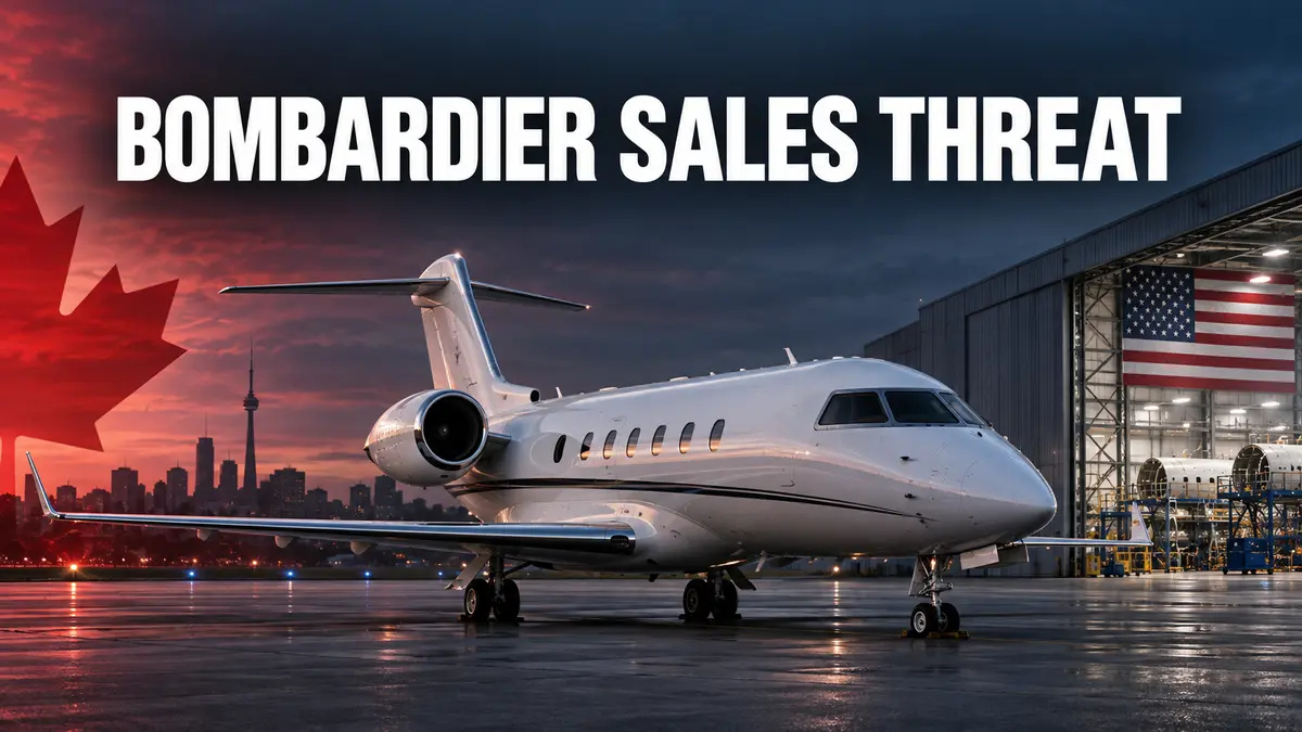 A business jet between Canadian and U.S. manufacturing imagery under the headline Bombardier Sales Threat