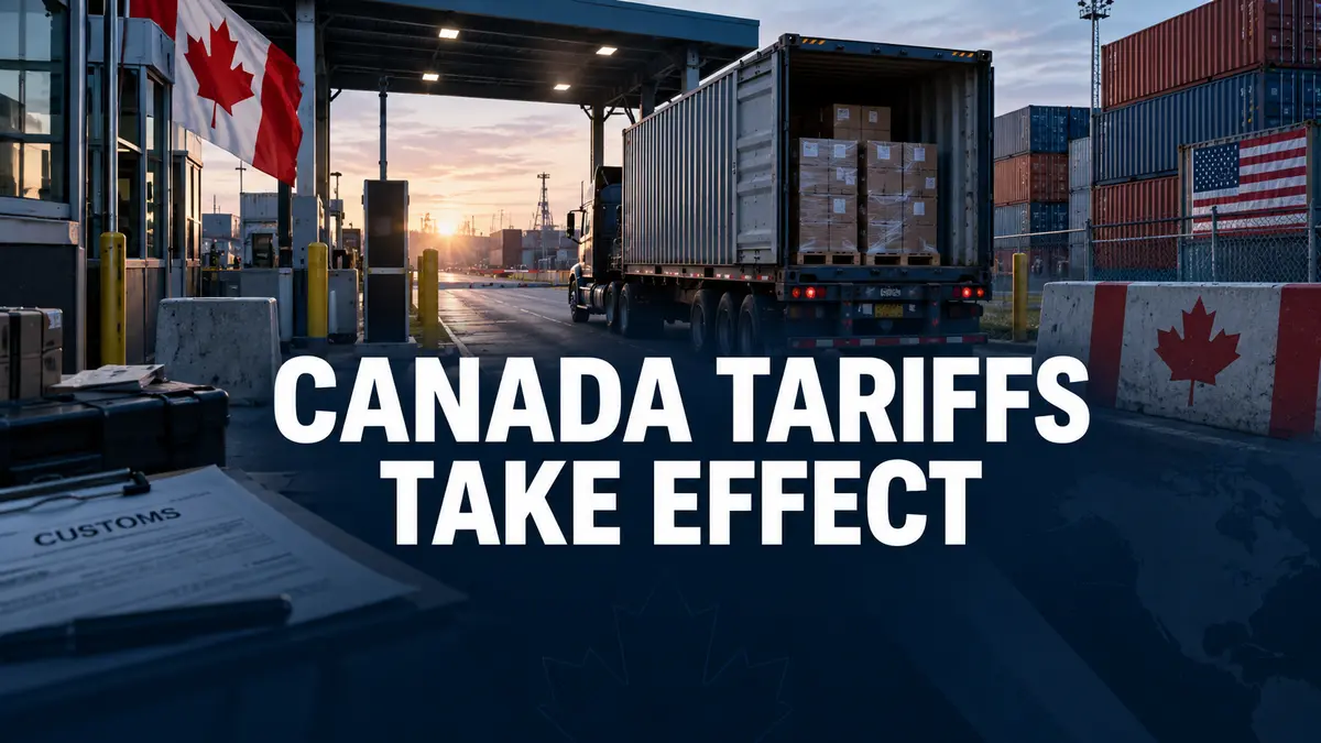Canadian customs inspection lane, cargo truck and containers illustrating new counter-tariffs taking effect