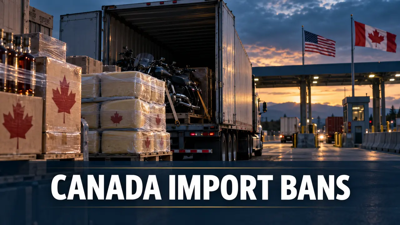 Freight trucks at the United States–Canada border with packaged beverages, cheese and motorcycles representing the newly announced trade restrictions