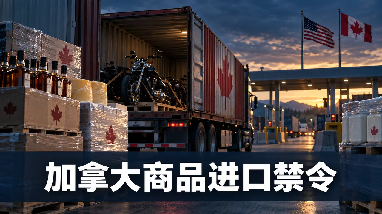 美加边境的货运卡车，以及象征新贸易限制的包装酒类、奶酪与摩托车