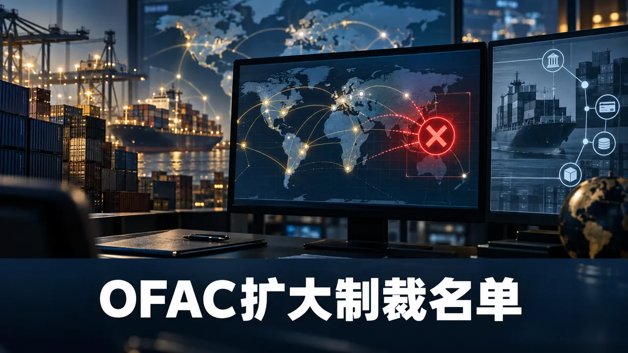 全球贸易与金融控制中心的屏幕显示跨境交易网络被阻断，背景为集装箱港口
