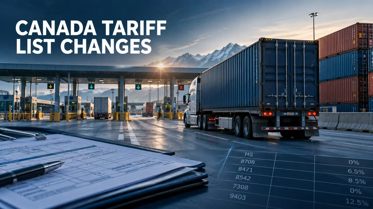 Freight trucks moving through a North American border crossing under a Canada tariff-list headline