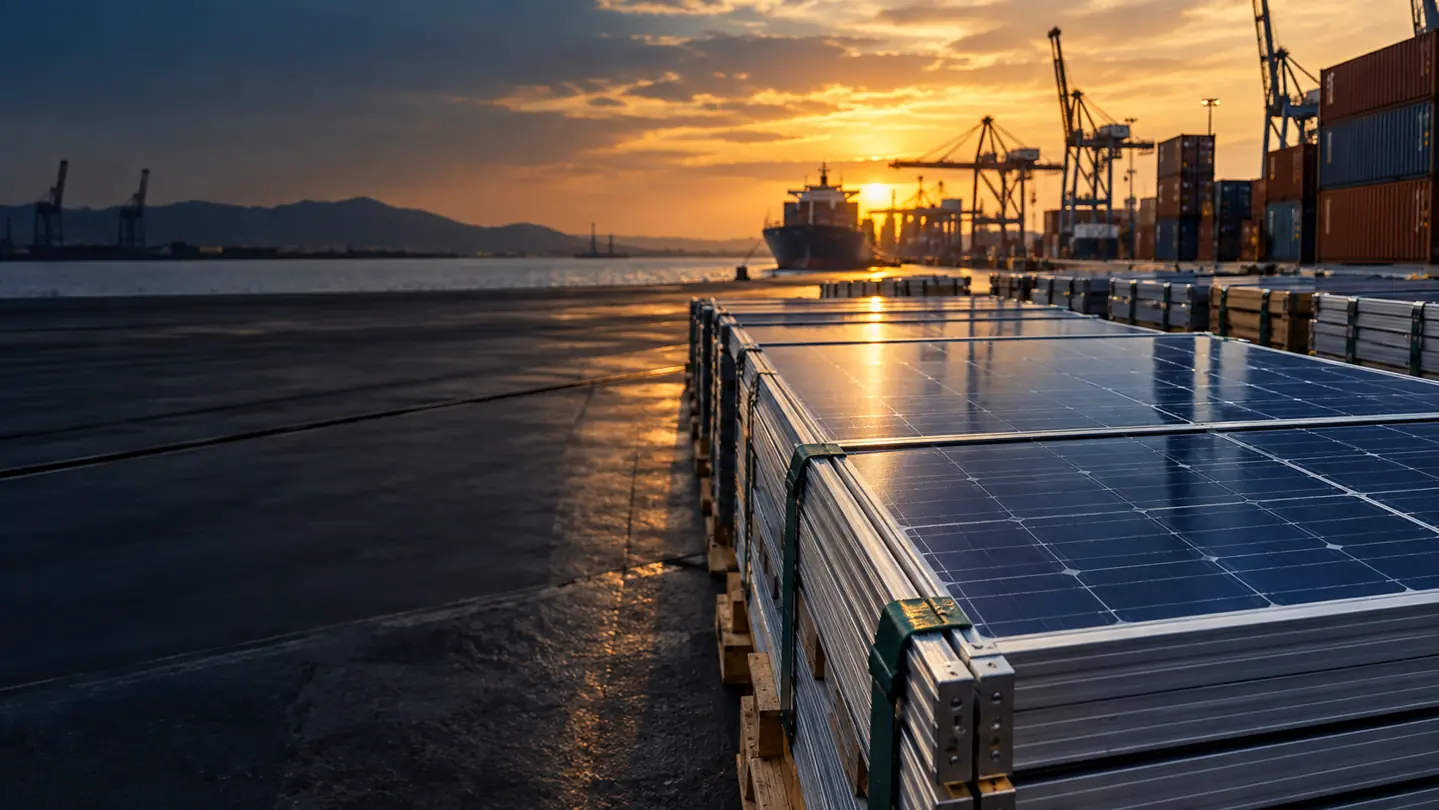 Solar panels beside a container terminal at sunset, with cranes and freight containers in the distance.