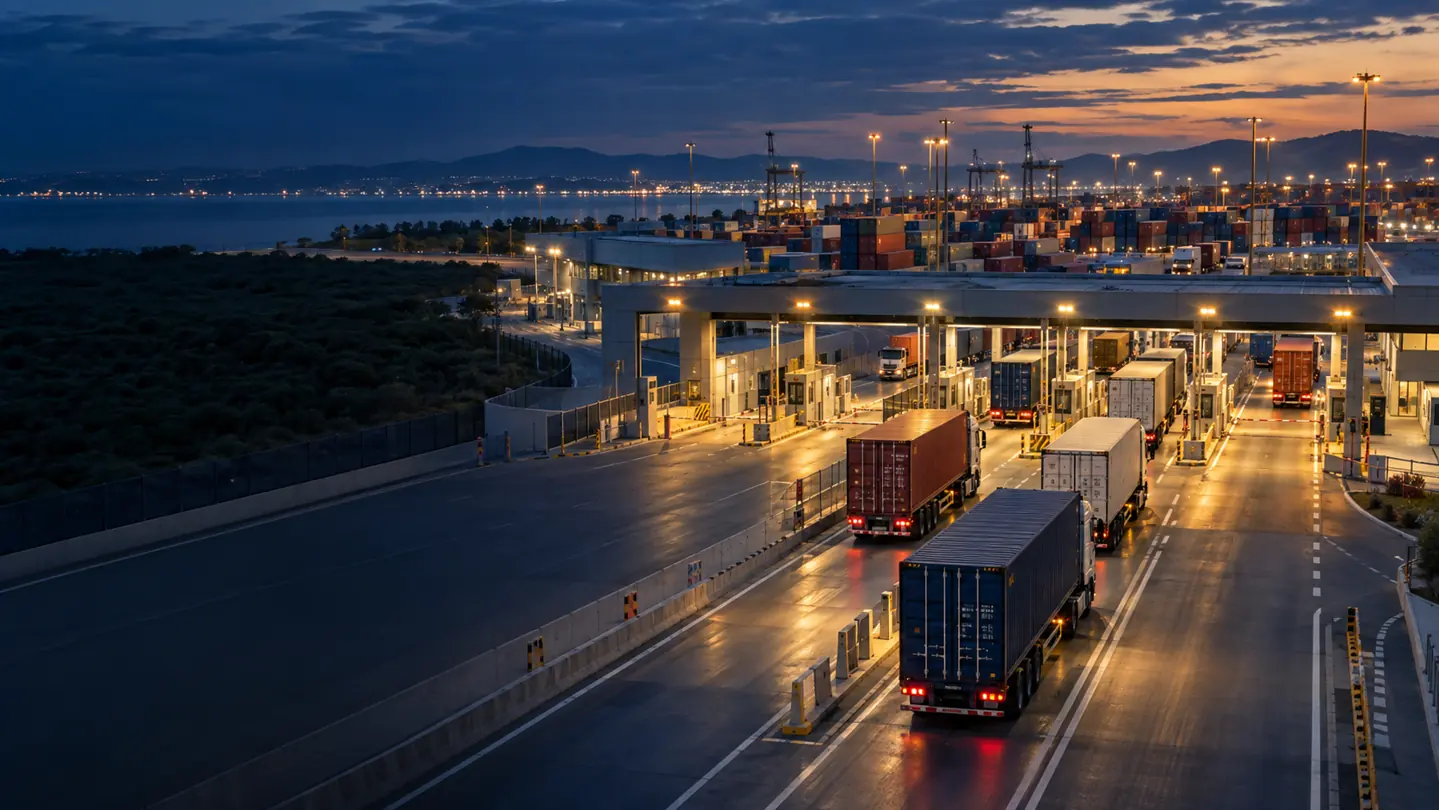 Freight trucks passing through illuminated customs inspection lanes at a border terminal after sunset.
