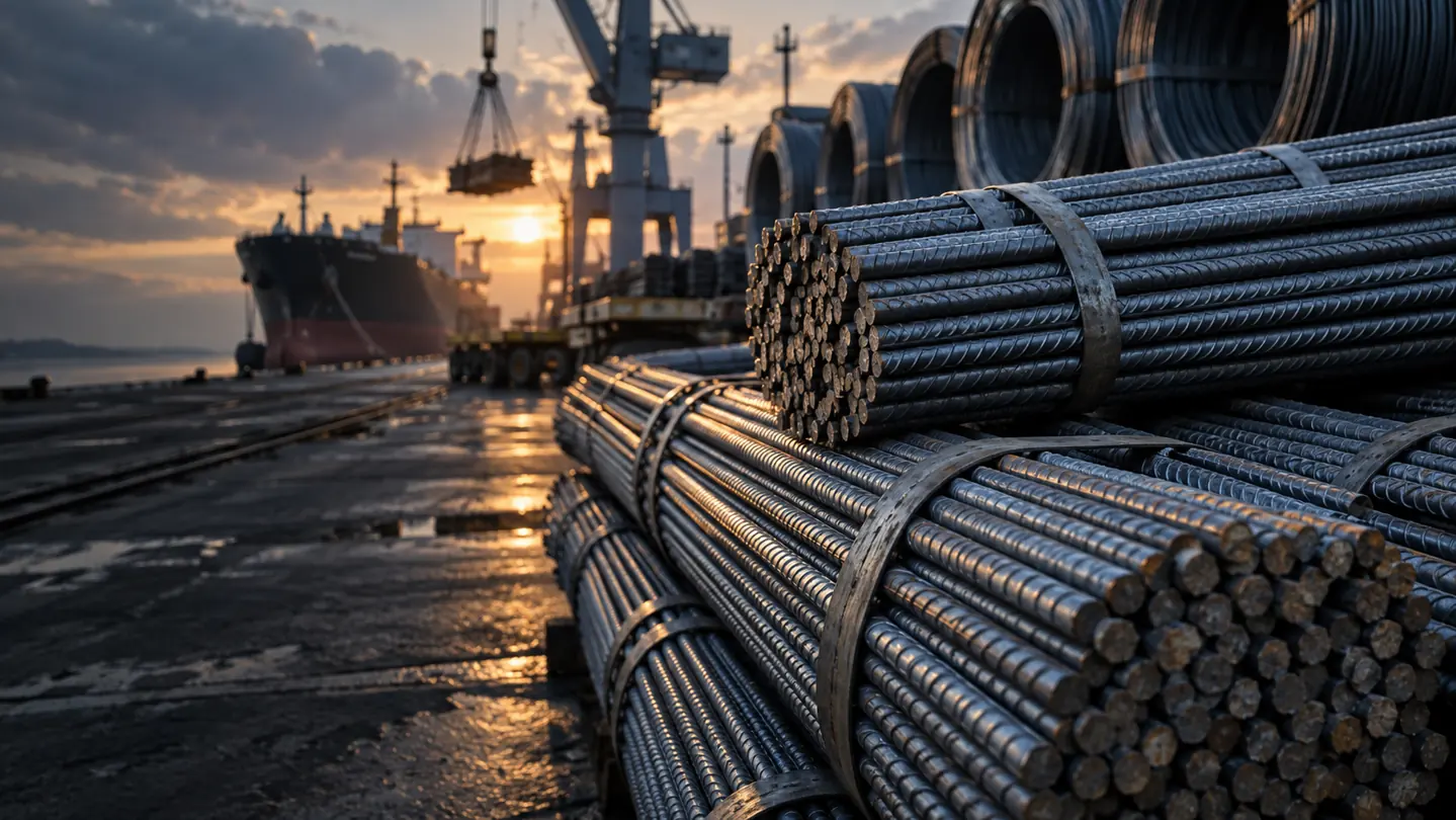 Bundles of reinforcing bar and coils of steel wire rod in a port-side storage yard, with cranes in the distance.