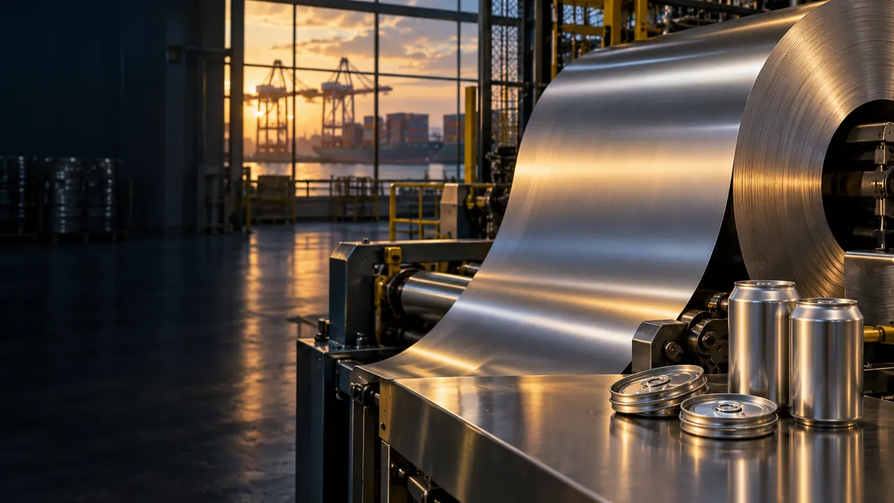 Unbranded aluminum can-stock coil, beverage cans and port cranes in an industrial facility