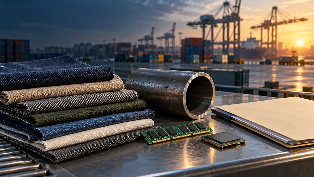 Fabric swatches, steel pipe and generic memory components on a customs inspection table at a container terminal