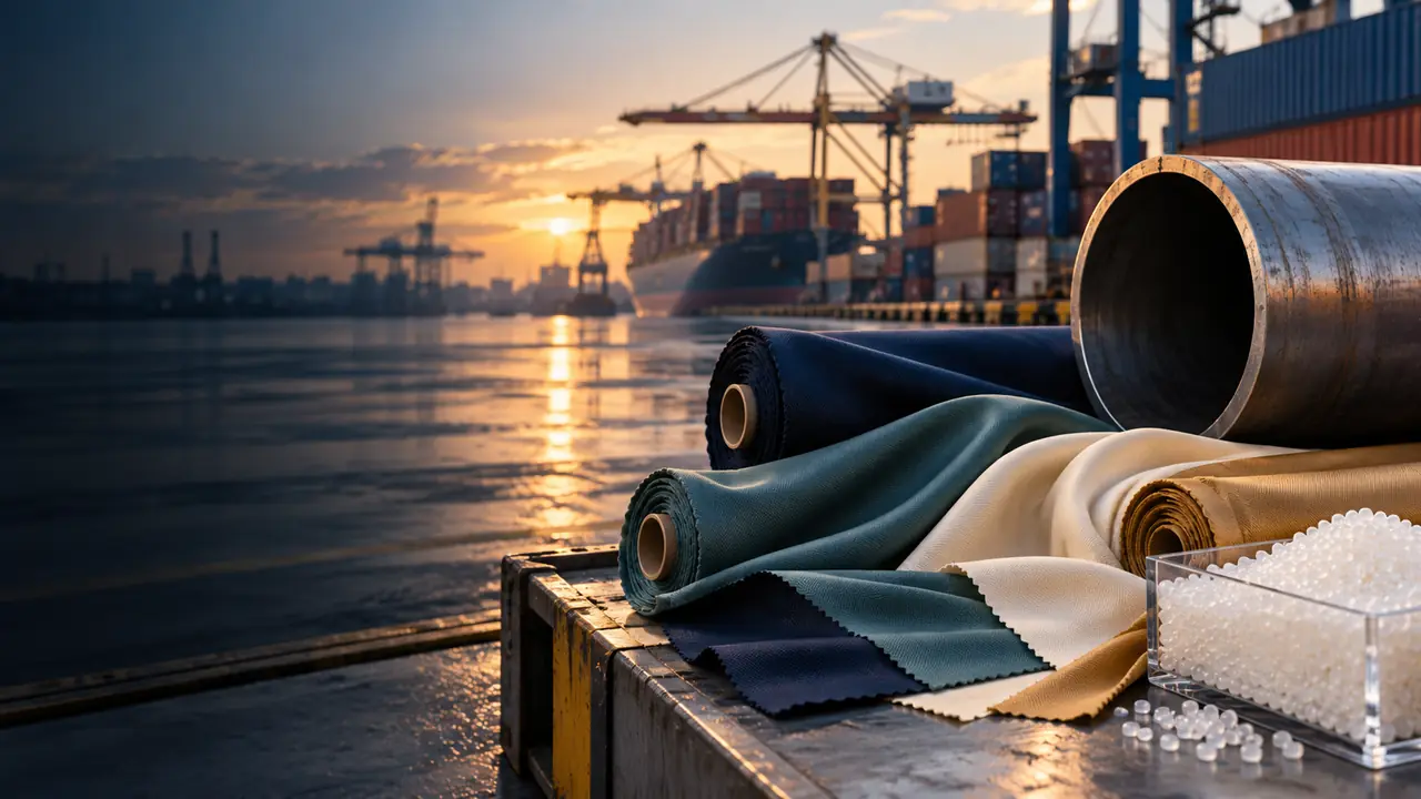 Twill fabric rolls, industrial steel pipe and polymer granules at a container port inspection area