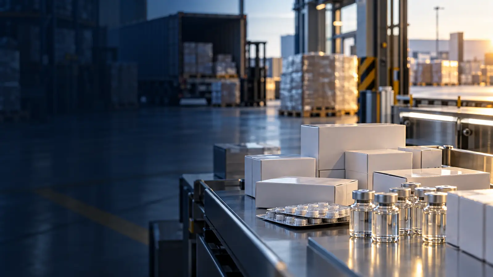 Unbranded medicine cargo and vials in a freight inspection setting