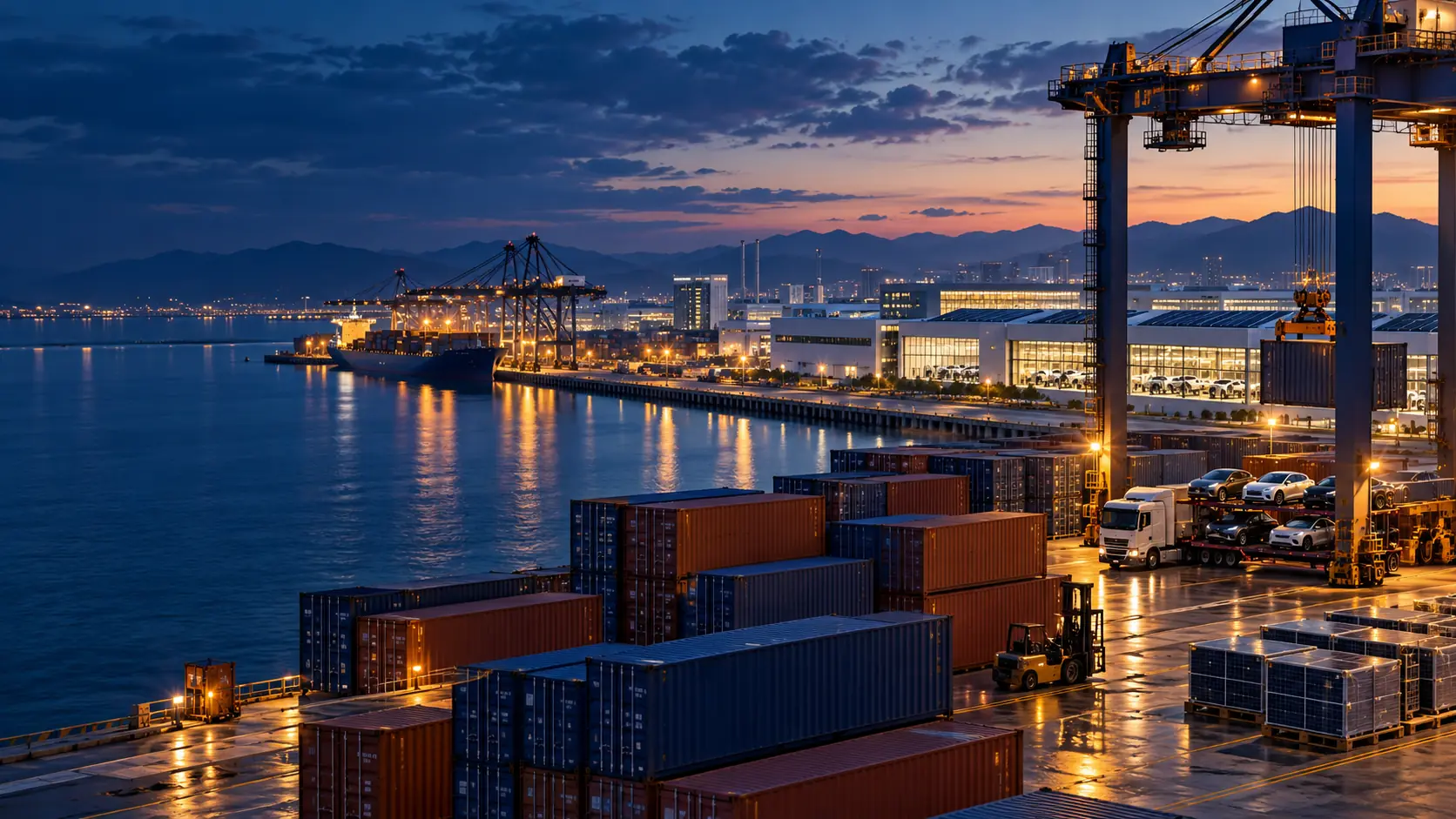 Cargo containers, port cranes and manufacturing buildings illustrating cross-border supply chains