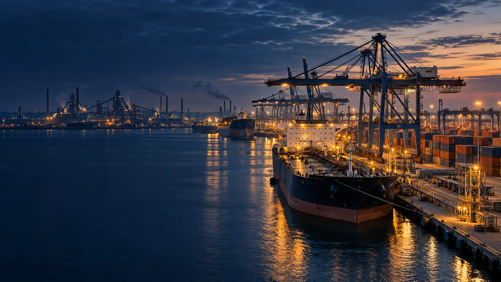 Oil tanker, container cranes and steel works at a port at dusk