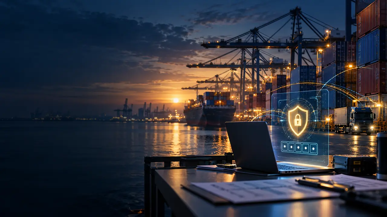 Container terminal with a cargo vessel, customs documents and digital security motif at dawn
