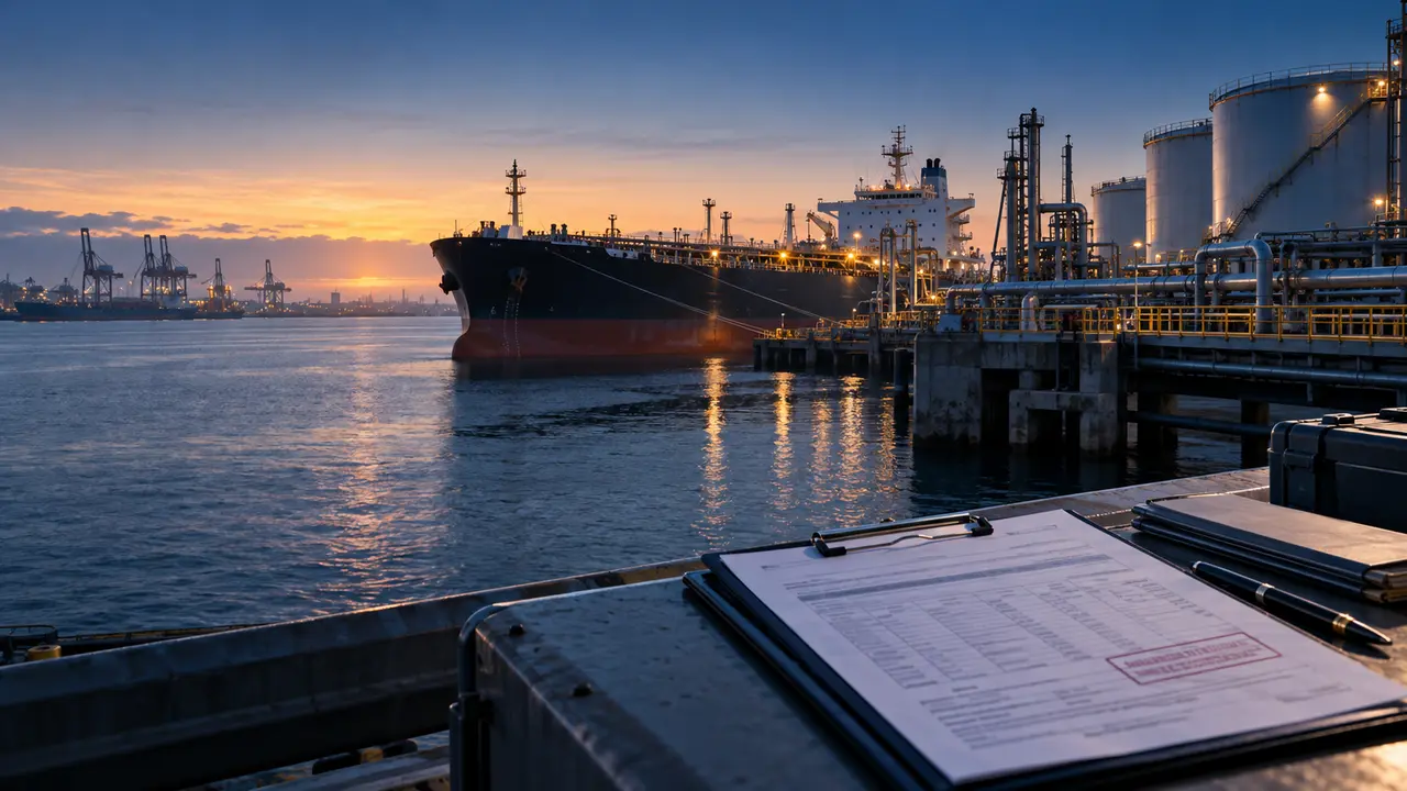 Petroleum tanker at a fuel terminal with a customs compliance document in the foreground