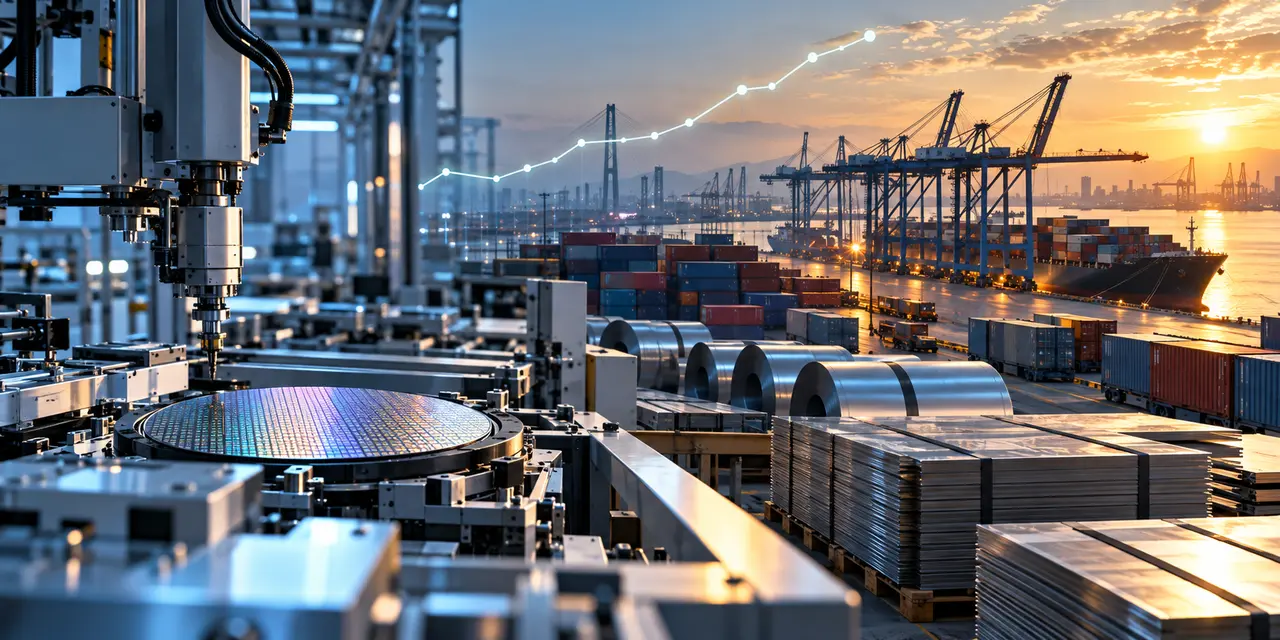 Advanced manufacturing equipment, semiconductor production, steel products and a container port at sunrise
