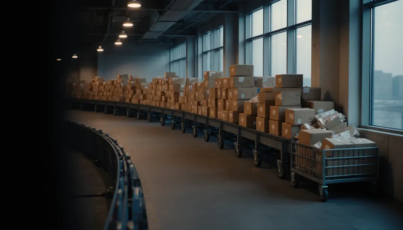 Rows of cardboard parcels and padded mailers on a curved conveyor and in wheeled sorting carts in a dim mail-processing hall