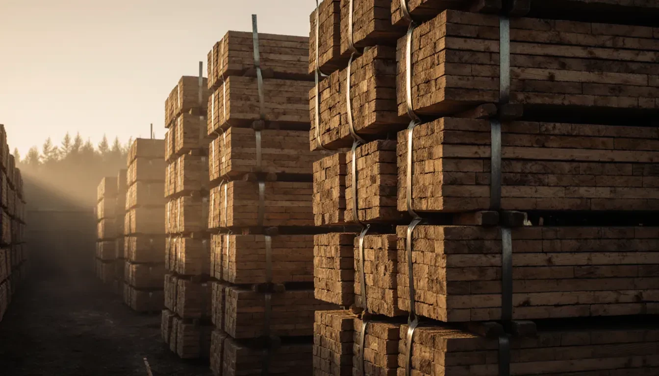 Strapped bundles of sawn softwood lumber stacked in a misty sawmill yard at sunrise