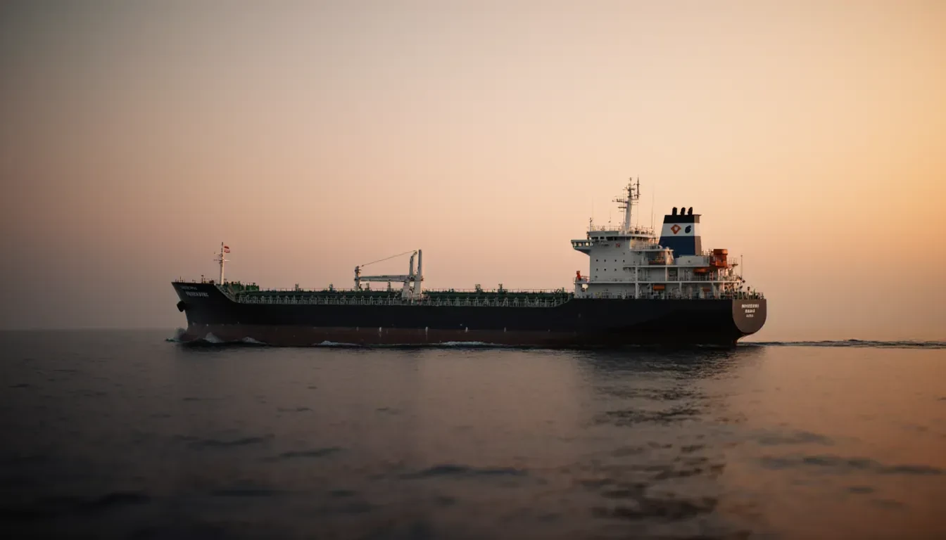 A dark-hulled crude oil tanker under way on calm water at dusk