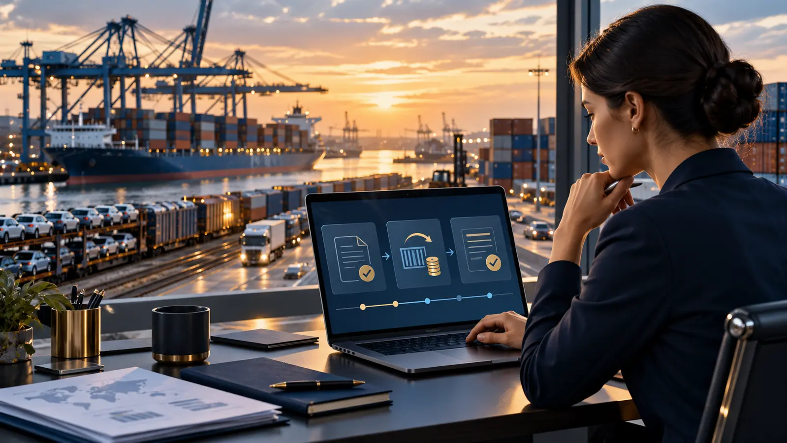 Trade compliance professional reviewing a digital customs refund workflow overlooking a container port