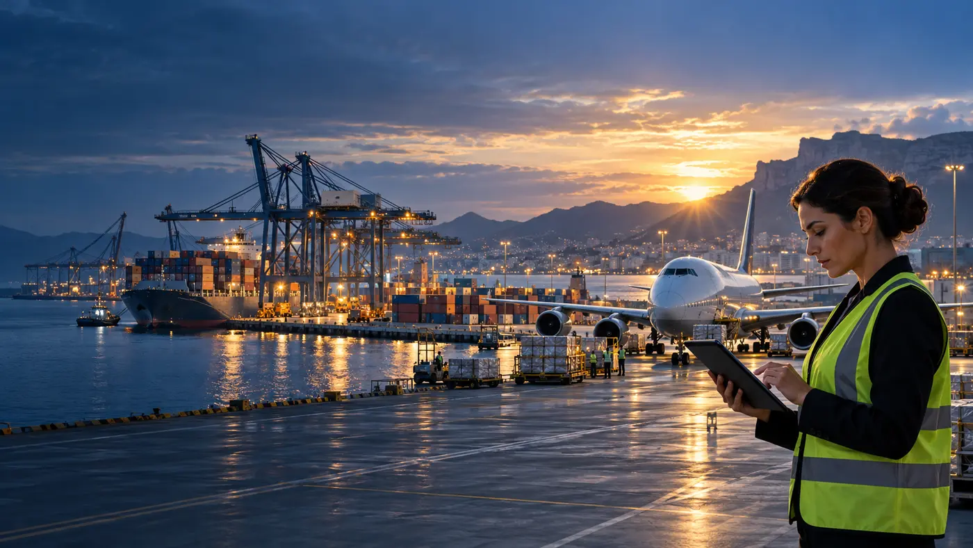 Trade compliance professional at a combined cargo airport and seaport at dawn