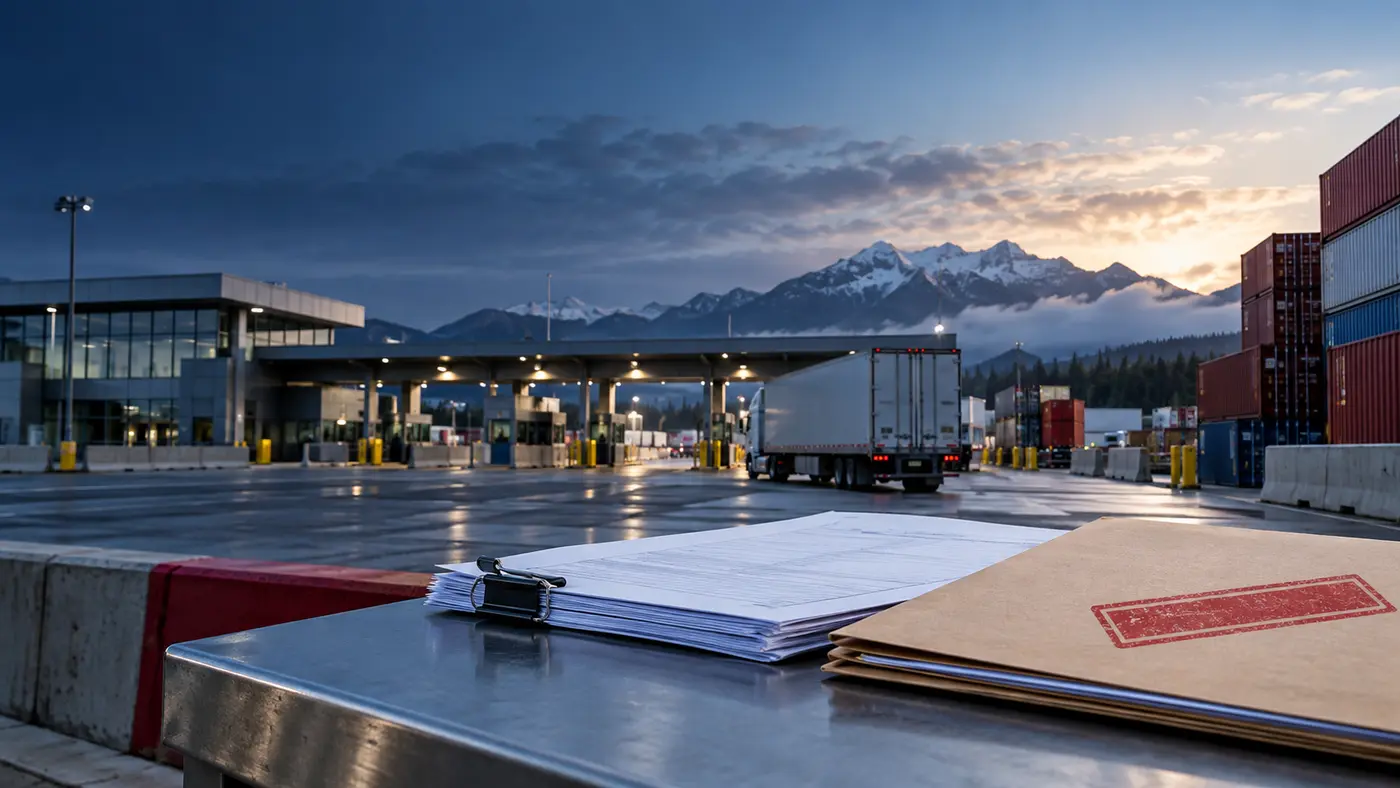 Canadian commercial border checkpoint with freight trucks and tariff-relief application documents